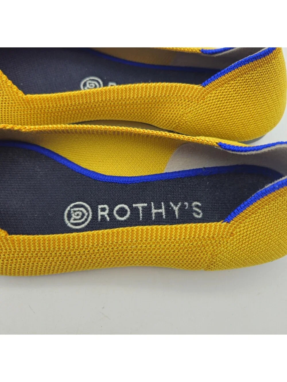 Rothys Ladies 7.5 Point Marigold Yellow Blue Heel Accent Mesh Upper Slip On NEW